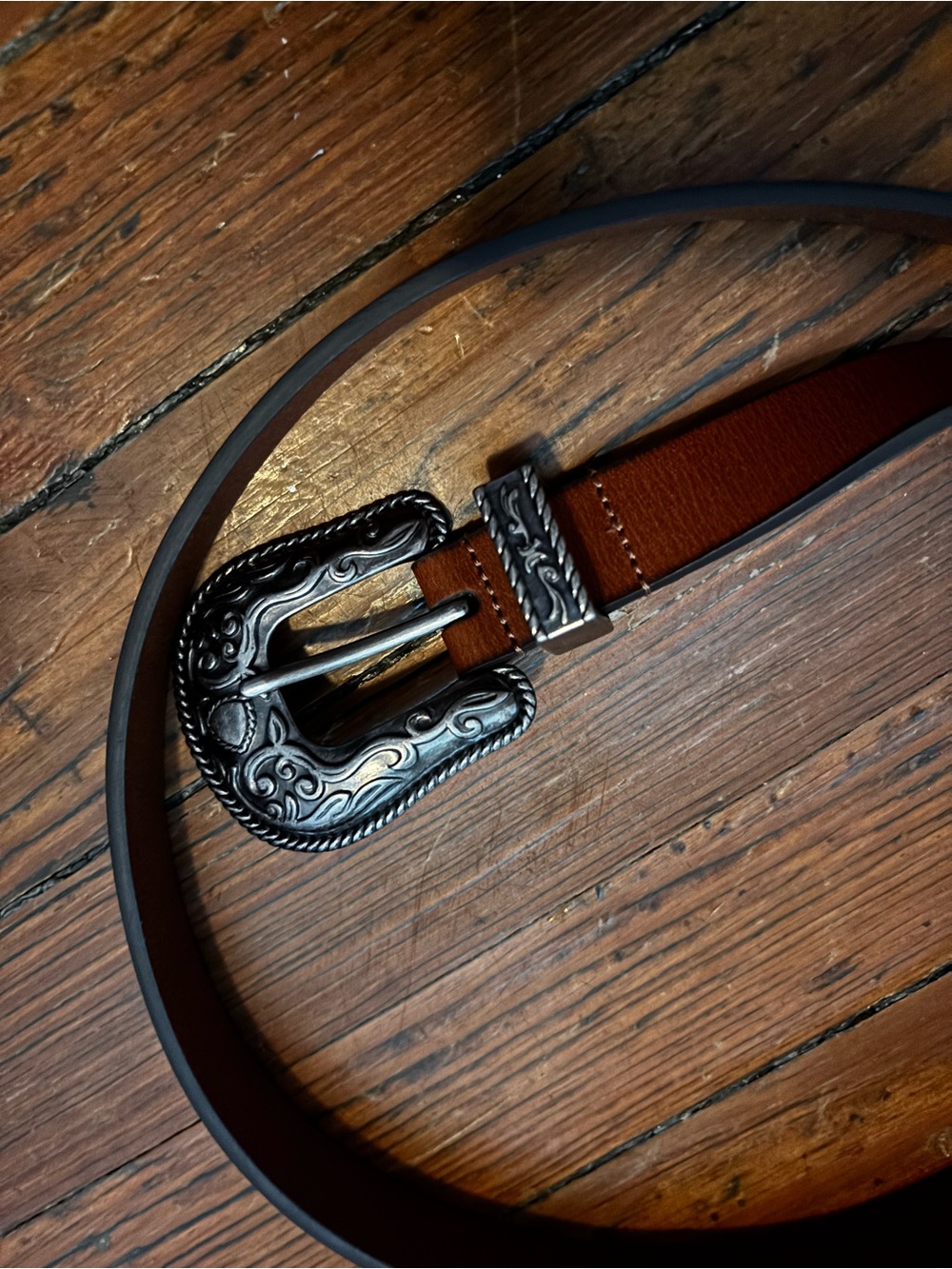 Lucky Brand Brown Leather Belt with Ornate Silver-Tone Buckle